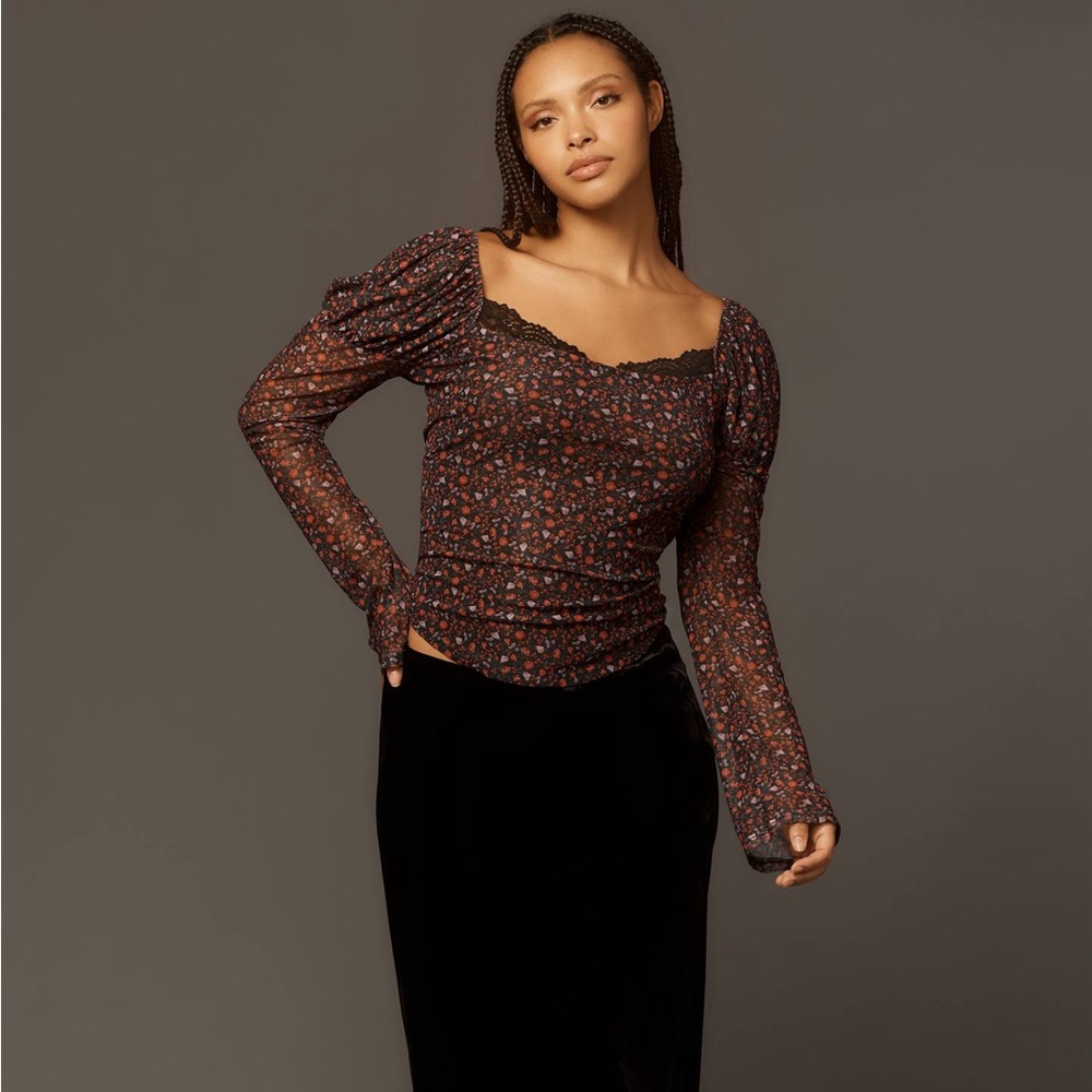 Maeve Mutton-Sleeve Scoop-Neck Ditsy Floral Top